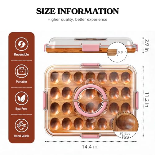 Deviled Egg Containers with Lid, Acacia Wooden Base with 28 Slots | Portable Deviled Egg Platter Carrier Holder Trays, Elegant appearance, Strong Durability, for Party and Home Kitchen - color: Pink