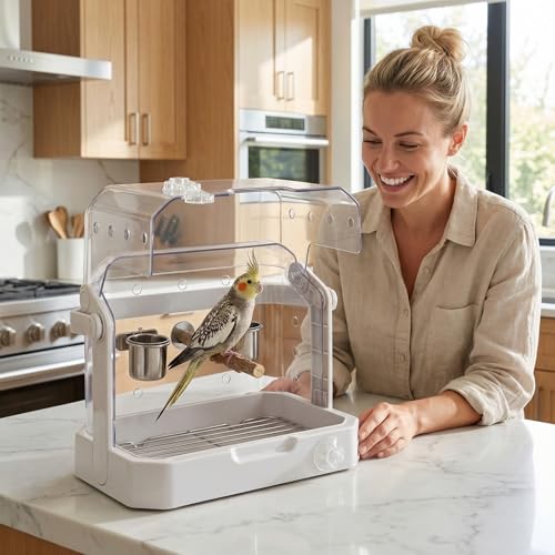 Bird Travel Cage, 10×6.7×8.3 Inches Waterproof & Sturdy Pet Carrier with Perch & Food Bowls, Portable Cage for Budgies, Cockatiels, Lovebirds & Small Birds