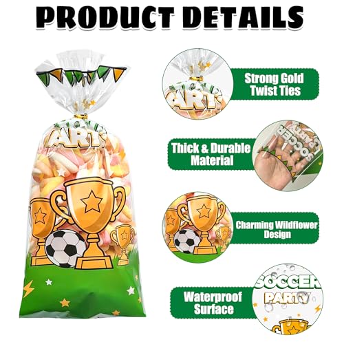 100PCS Soccer Cellophane Treat Bags - Clear Plastic Goodie Bags with 110 Gold Twist Ties - Soccer Party Favor Bags for Candy, Snacks, Game Day, Sports Events, Football Theme Parties & School Activities - color: Soccer-100pcs