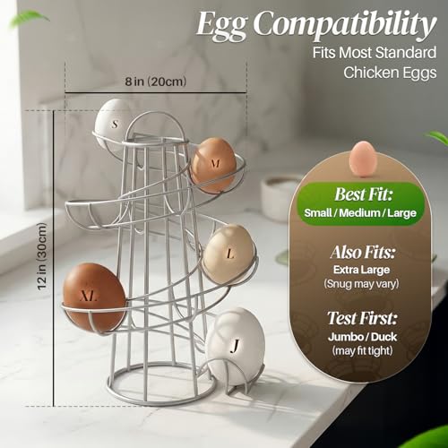 Flexzion Egg Skelter Modern Spiral Egg Holder Countertop (Medium Egg Display) - Freestanding Wired Countertop Egg Holder for Fresh Eggs, Dispenser Stand, Storage Rack for Kitchen, Silver | Wire Chicken Egg Basket and Rotating Skelter Rack for Fresh Egg St