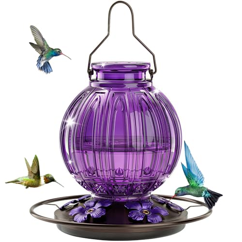 Glass Hummingbird Feeder for Outdoors Hanging, 26 fl oz Bird Nectar Feeder | 5 Metal Flower Feeding Ports, 360° Perch Ring, Easy Refill Clean, Leakproof, Ideal for Backyard Garden Outdoor Decor, Purple - color: Purple
