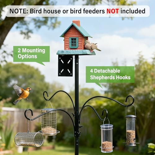 99 Inch Bird Feeder Pole with Squirrel Baffle, 360° Rotating Heavy Duty Bird House Pole for Outdoors Garden Yard, Adjustable Height Bird Feeder Stand with Shepherds Hooks Metal Trays