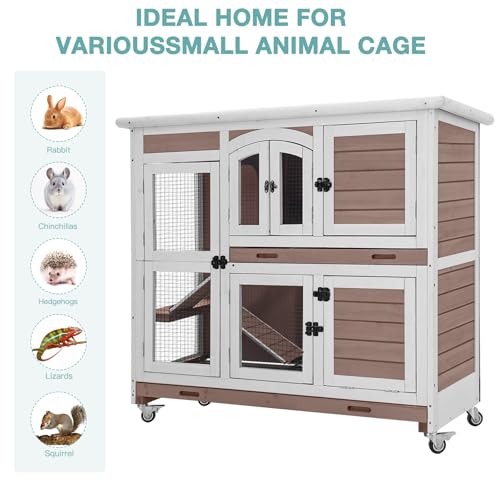 Rabbit Hutch Indoor Bunny House Guinea Pig Cage with Sliding Plastic Trays, Wheels & Ramp, 47.2" Multi-Door Wooden Small Animal Cage for Rabbits, Bunnies, and Guinea Pigs (Brown) - color: Brown