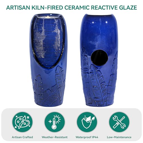 Autodaya 33" H Ceramic Jar Outdoor Water Fountain with Lights, Cobalt Blue | Natural Charm Water Feature with 3D Tropical Leaf Pattern, Soothing Cascading Waterfall for Peaceful Garden Patio Yard Porch - color: 32"h Cobalt Blue New