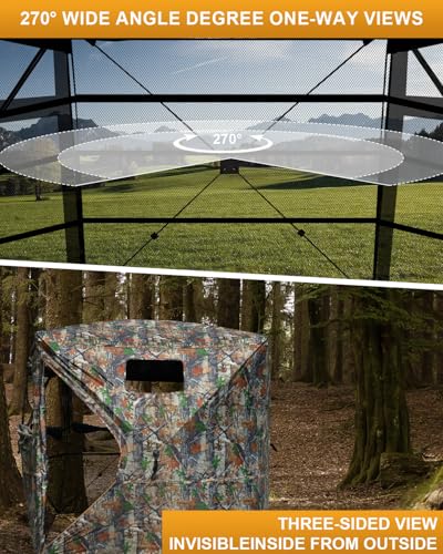 Portable Hunting Blind for 3-4 Persons for Turkey Duck Hunting | 270° See Through Ground Deer Blind with Silent Windows, Windproof Pop Up Blind with Carry Bag, Tent Stakes and Wind Ropes