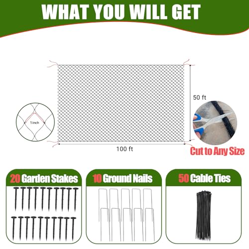 50x100 Bird Netting for Garden Protection - 1" Mesh Netting to Cover Chicken Coops and Garden Hoops, Large Bird Net to Protect Chickens, Blueberry Bush, Fruit Trees, Plants from Hawks, Deer - size: 1", 50' x 100'