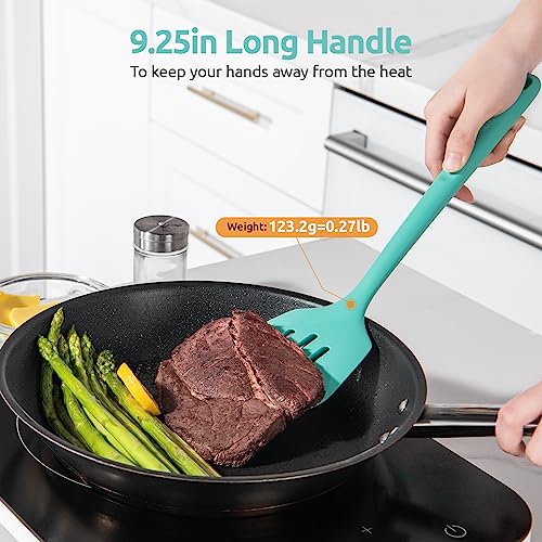 U-Taste 600ºF Heat Resistant 13.6in Long Solid & Slotted Silicone Turner and 600ºF Heat Resistant 13.76" Long, 3.63" Wide Wok Spatula for Kitchen Stir Fry (Aqua Sky)