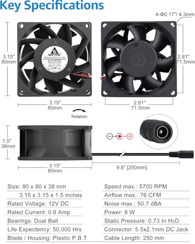 GDSTIME 80mm Small Computer Fan with AC Plug, 120V 110V Speed Controller | Dual Ball Bearing, Adjustable Speed, for DIY Cooling Ventilation Exhaust Projects, 8038 - size: 8038 w/ Speed Controller