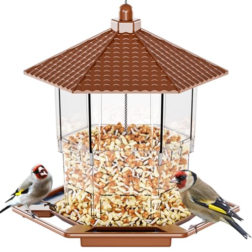 Bird Feeders for Outdoors Hanging,Large Capacity Birdfeeders for Outside Squirrel Proof,Hanging Mount Bird Seed Feeder Hopper for Cardinals,Finches Food Holder and Garden Decoration,Brown