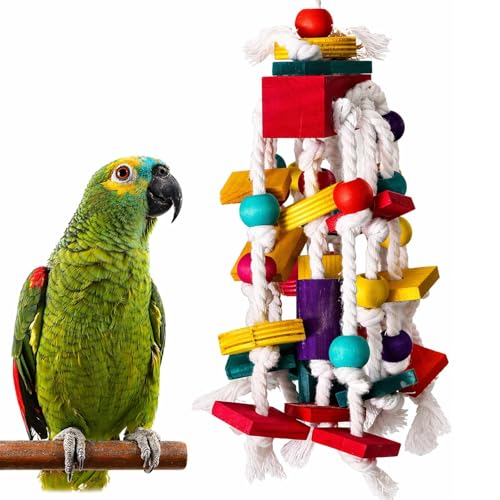 Rypet Large Parrot Cage Toy, Wood Rope Bite Toy for Cockatiels Conures | Natural Wood Blocks, Durable Rope, Cotton Knots for Chewing, Hanging Play for Large Birds - color: Colorful1