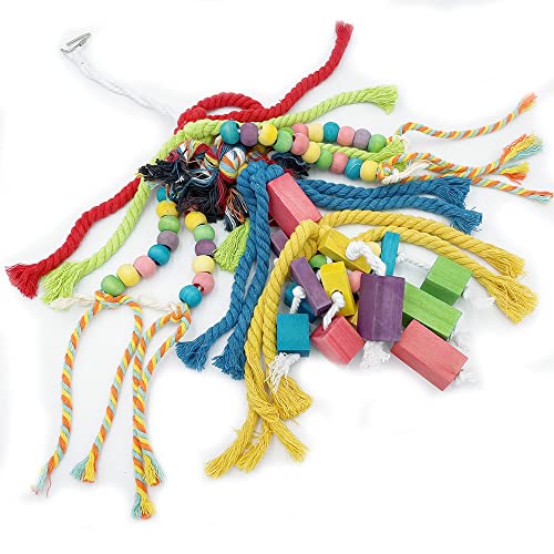 20.5 inch Parrot Chewing Toys - Wooden Block Tearing and Cotton Rope Toys for Medium Large Extra Large Parrot Conures African Grey Amazon Cockatoo and Macaw