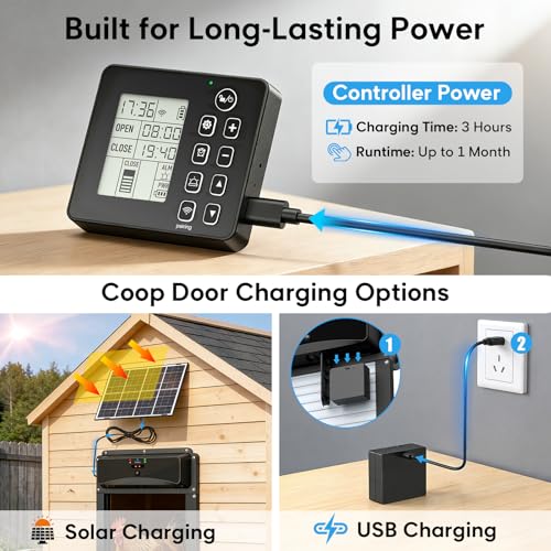 Automatic Chicken Coop Door with Remote Display, Solar Powered Roll-up Chicken Door, 393ft Long-Range Wireless Monitor, Anti-Pinch Auto Coop Door, Predator Protection Motion Sensor, No WiFi Needed