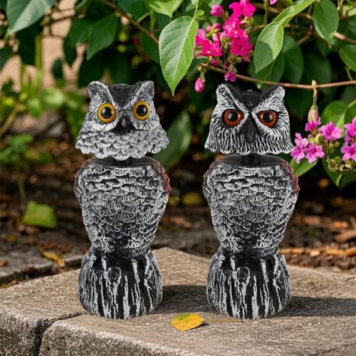 Hausse 2 Pack Fake Owl Decoy Bird Scarecrow Sculpture, 11.2 inch Wagging Head Plastic Owl Scare Birds Away, Owls Statue Nature Enemy Horned Pest Repellent for Outdoor Garden Yard - size: 2 Pack, Wagging Head