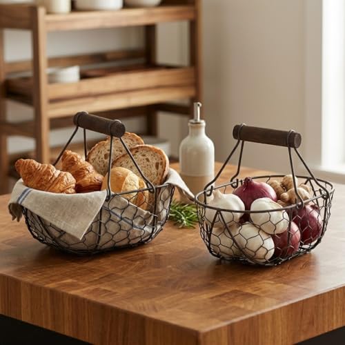Metal Wire Egg Basket for Gathering Fresh Eggs, 7 inch Rustic Egg Collecting Basket with Wooden Handles, Farmhouse Easter Kitchen Decor, Black Wire (Capacity: 10-12 Eggs)