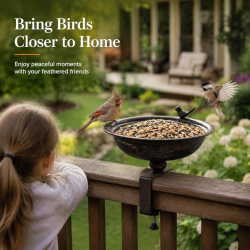 12 Inch Deck Mounted Bird Bath & Bird Feeder for Deck Railing, Clip On | Clamp On Bird Feeder, Porch Bird Bath, Fence Mount Railing Bird Feeder, Patio Garden, Rust Resistant Solid Metal 2-in-1