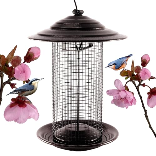 Outdoor Metal Mesh Bird Feeder, Cylindrical Metal Mesh Feeder with Dome Lid Feeder, Holds 2.5lb of Seed, Suitable for Multiple Seeds, Suitable for Multiple Birds