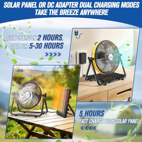 10 Inch Solar Powered Outdoor Fan with 10W Detachable Solar Panel | Built-in Rechargeable Battery, Dual Wind Speed & 360° Adjustable Tilt for Camping, Travel Tent, Greenhouse - color: 10" Yellow Black