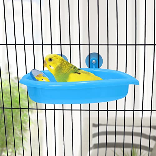 Wontee Bird Bath with Mirror for Small Birds Budgie Parakeet Cage, Blue (A) | Mirror design for fun & stimulation, easy to install and clean, stable, 7.4x3.9x1.4 inch size for budgies/canaries/finches - color: Blue (A)