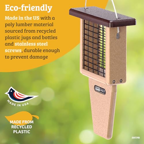 Birds Choice Pileated Suet Feeder with Tail Prop, Holds 2 Suet Cakes | Hanging Suet Bird Feeder for Woodpeckers, Jays, Nuthatches | Sturdy for Garden & Backyard | Taupe & Green, 8" L x 3" W x 22.5" H | Hanging Feeder for Woodpeckers, Jays and Nuthatches,