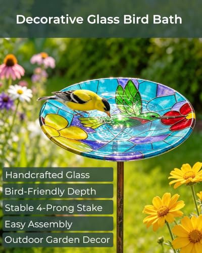 Glass Bird Bath Small Birdbath for Garden Decor, Blue | 10.6" Bowl, 26" Height 4-Prong Stable Stake Easy to Clean Outdoor Bath or Feeder for Hummingbirds & Small Birds, Handcrafted