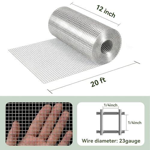 Amagabeli Hardware Cloth 1/4 inch 12 in x 20 ft Galvanized After Welding 23 Gauge Square Chicken Wire Fence Mesh Roll Garden Plant Supports Poultry Netting Cage Snake Rabbit Gopher DIY Craft - size: 1/4" 12"x20'