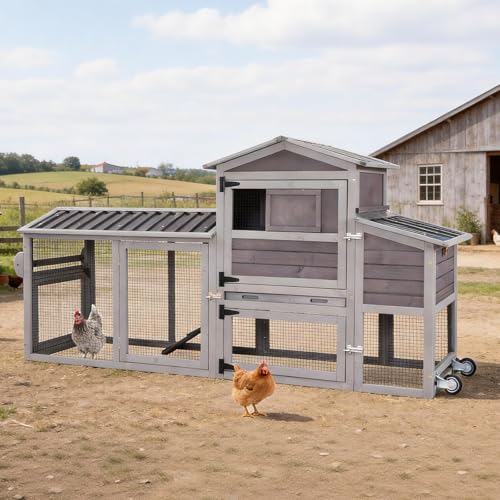 Large Chicken Coop with Run, 80.5’’ Chicken Tractor with Wheels, Wooden Hen House Poultry Cage with Plastic Waterproof Roof and Nesting Box, Leakproof Pull-Out Tray - color: Grey, size: 80.5"L x 21.2"W x 42.5"H