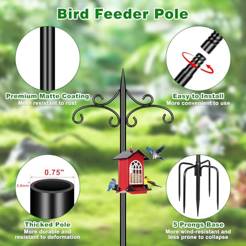 Double Shepherd Hook for Outdoor,72in Heavy Duty Bird Feeder Pole | 3/4” Steel Pole,5-Prong Stable Base,Adjustable Height,22lb Capacity,Perfect for Bird Feeder, Plant, Lantern,Rust Resistant