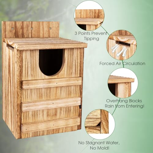 Owl House, Large Wooden Owl Nesting Box for Outside (8.7" x 7.5" x 14.2"), 3.3" Predator-Deterrent Entrance, Side Vent Holes & Bottom Drainage, Includes 2 Coco Liners, Easy Assembly