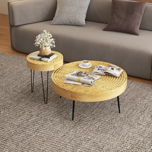 COSTWAY Farmhouse Round Coffee Table Set of 2, Rustic Sofa Side Tea Tables w/Wood Finish, Metal Frame, Adjustable Foot Pads, Nesting End Table Set for Living Room, Bedroom (Ring Pattern, Natural) - color: Natural, style: Ring Pattern