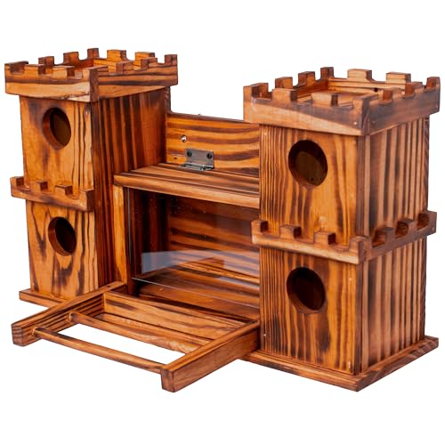 MIXUMON Castle-Style 4 Room Wooden Birdhouse with Large Center Feeder, Outdoor Multi-Room Bird House for Garden & Backyard, 1.57" Entrance Hole, Easy-Clean Access Doors, Twin Tower Decorative Design