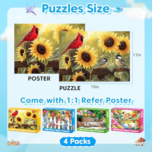 4-Pack 100 Piece Puzzles for Kids Ages 6-8 8-10 Year Old | Birds Puzzles, Large Piece Puzzle for Seniors 100 Pieces Adults Jigsaw Puzzle, Learning Educational Toys for Boys and Girls - style: Cardinals Birds Hummingbirds