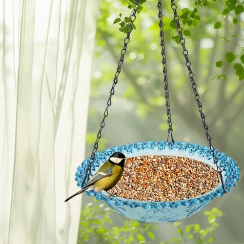 Bird Bath Hanging Seed Feeder Garden Plate Hanging Tray for Wild Backyard Attracting Birds (Blue-Single Bath)