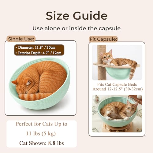 Cotton Rope Cat Bed Mat for Space Capsule, 11.8" Breathable Round Nest Liner, All-Season Warm & Cooling Pet Pad, Washable Scratch-Resistant Bedding for Cat Tree & Clear Bowl (Green) - color: Green, size: Small