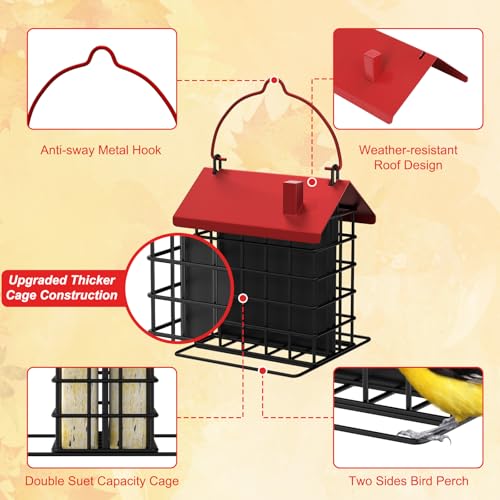Gbekery All-Metal Double Suet Bird Feeder for Outdoors Hanging, Suet Cake Cage Holder with Weather-Resistant Roof & Perch for Outside Garden, Red - color: Red