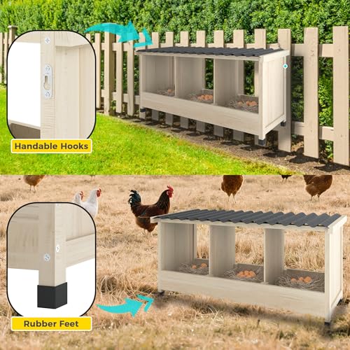 3 Holes Wooden Chicken Nesting Box, Wall Mounted or Floor Use | Chicken Coop Accessorie with PVC Roofing, Preventing Egg Falls, Easy to Assemble, Backyard and Farms, Natural Wood - size: 37.8"L x 13.0"W x 16.9"H