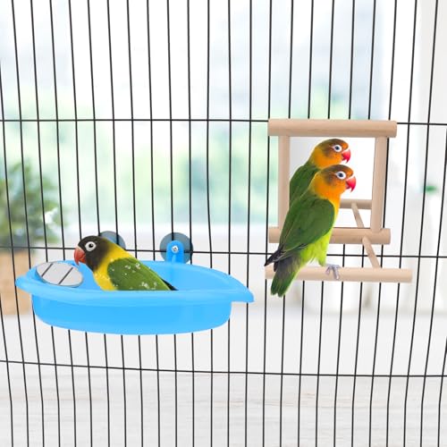 Wontee Bird Bath Parrot Bathing Tub Bird Mirror with Perch Toys for Budgies Parakeets Cockatiels Lovebirds Finches Canaries (Blue (B)) - color: Blue (B)