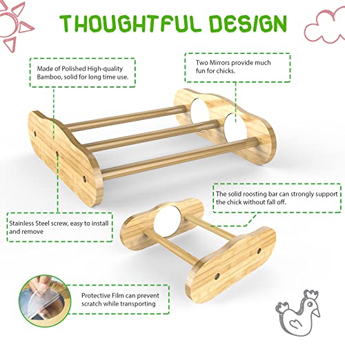 Bamboo Chick Perch with Mirror, 2 Pack | strong roosting bar for coop and brooder, training perch for large birds, hens, parrots, macaw, easy assemble&clean,fun toys