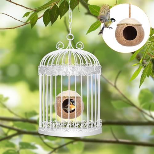 3 Pcs Natural Coconut Bird Hide Nest Hut for Cage with Woven Straw Bird Parakeet Coconut Fiber Hanging Birdhouse Cage Habitats Decor for Parrot Cockatiel Lovebird Finch Squirrel Hamster