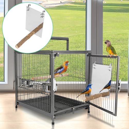 Joyzan Bird Mirror, Wooden Hanging Swing Play Toys Perch Stand Cockatiel | Hummingbird Parrot Parakeets Love Birds Cage Toy Bar Accessories for Small Medium Parrots Conures Canary African Grey Macaw