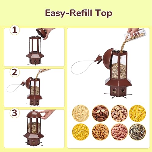 Squirrel Proof Bird Feeders, 5lbs Heavy Duty Metal (Brown) | Weight-activated mechanism bird feeders for outdoors, 6 Chew-proof feeding ports