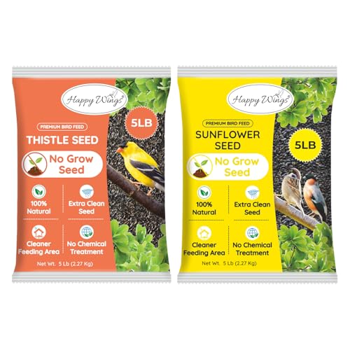 Happy Wings Thistle Seed & Sunflower Seeds Bird Food Combo, 5 LB x 2 Pack | Oil Rich, High Fat & Energy Content, Single Grain, USDA & BRC-GS Approved, Finches, Sparrows, Chickadees, Cardinals, No Mess - size: 5 lb Thistle/Sunflower Seed Combo