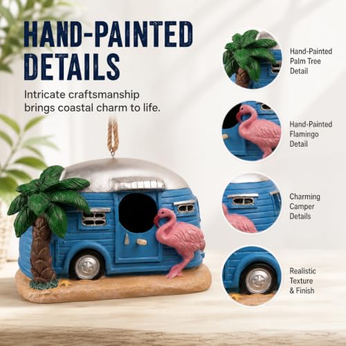 Coastal Flamingo Camper Birdhouse, Hand Painted Resin Bird House for Outdoors, Waterproof Hanging Garden Decor for Patio, Backyard & Tree - style: flamingo