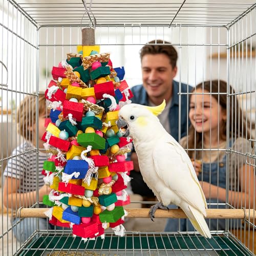 Extra Large Bird Toys for Macaws Cockatoos Amazons Chew - Natural Wood Parrot Chewing Toy with Foraging, Bird Cage Activity Center - color: Multicolor