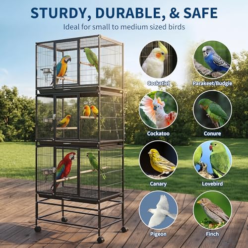 74 Inch Large Bird Cage, Large Flight Aviary with 3 Dividable Compartments for Parakeets Cockatiels Conures Finches, Heavy Duty Breeder Cage with Slide Out Trays for Multi Bird Homes, Black - color: Black