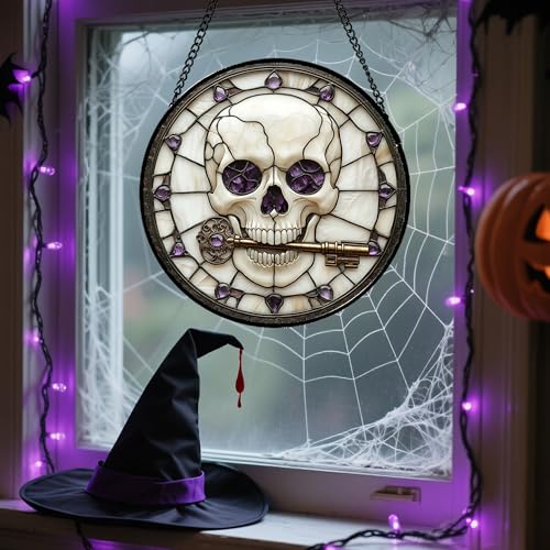 Stained Glass Window Hanging - Halloween Scary Skull Suncatcher for Doors Garden Home Spooky Purple Skeleton Key Sun Catchers Gothic Decor Horror Gifts for Women Men Friend Boy Girl 9.8 in - color: Purple and White, size: 9.8x9.8 IN