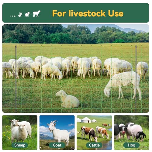 Electric Fence Netting, 49.6" H x 164' L, Portable Livestock Net Fencing with Double-Spike Posts, Movable Mesh for Goats, Sheep, Hogs, Deer & Dogs, Predator Control for Backyard, Farm & Homestead