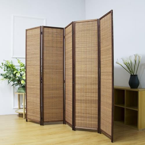 5 Panel Bamboo Room Divider Screen,5.6 FT Tall Bamboo Divider Folding Privacy Screen,Freestanding Panel Divider for Room Seperation,Brown - color: Brown, size: 5 Panel
