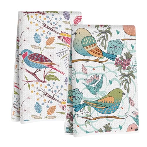 Jztco 2 Pcs Vintage Bird Kitchen Towels, Spring Flower Seamless Hand Towels | Absorbent Microfiber Dish Cloth Tea Towel for Kitchen Bathroom Decor, Home Gifts for Women 24x14 Inch - color: Multi 1383