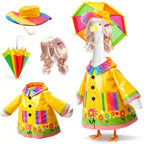 4 Pcs Porch Goose Raincoat with Wigs, Outfits and Clothes, Spring Summer Goose Statue Raincoat Costume, 23" Geese Statue Clothes for Patio Yard Lawn Outdoor Decor - color: Yellow Garden Raincoat