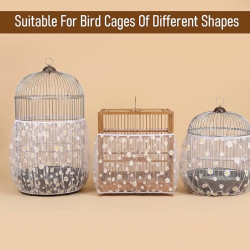 Bird Cage Seed Catcher Net Cover, Bird Cage Net, Mesh Parrot Cage Skirt Guard for Parrot Cockatiel Budgie Fits Round Square Cages(Daisy-White, 59''-87"X15.7")